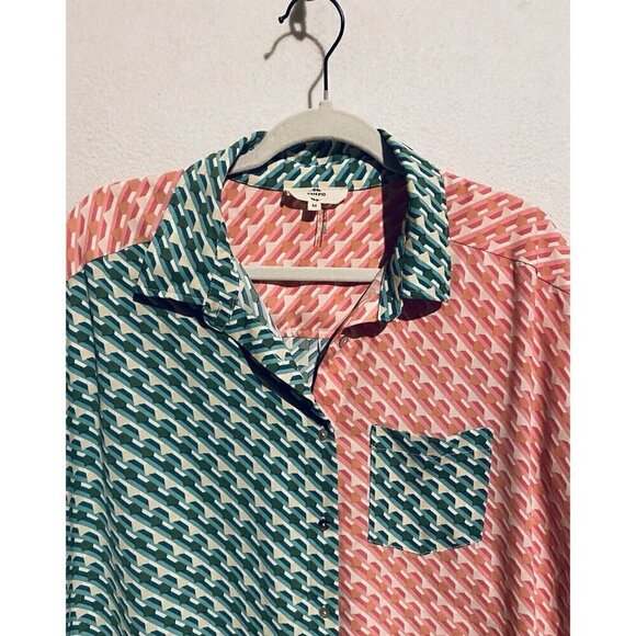 Entro Top Womens Medium Retro Boho Print Button Up Hi Low Hem Boxy Oversized - Picture 3 of 8